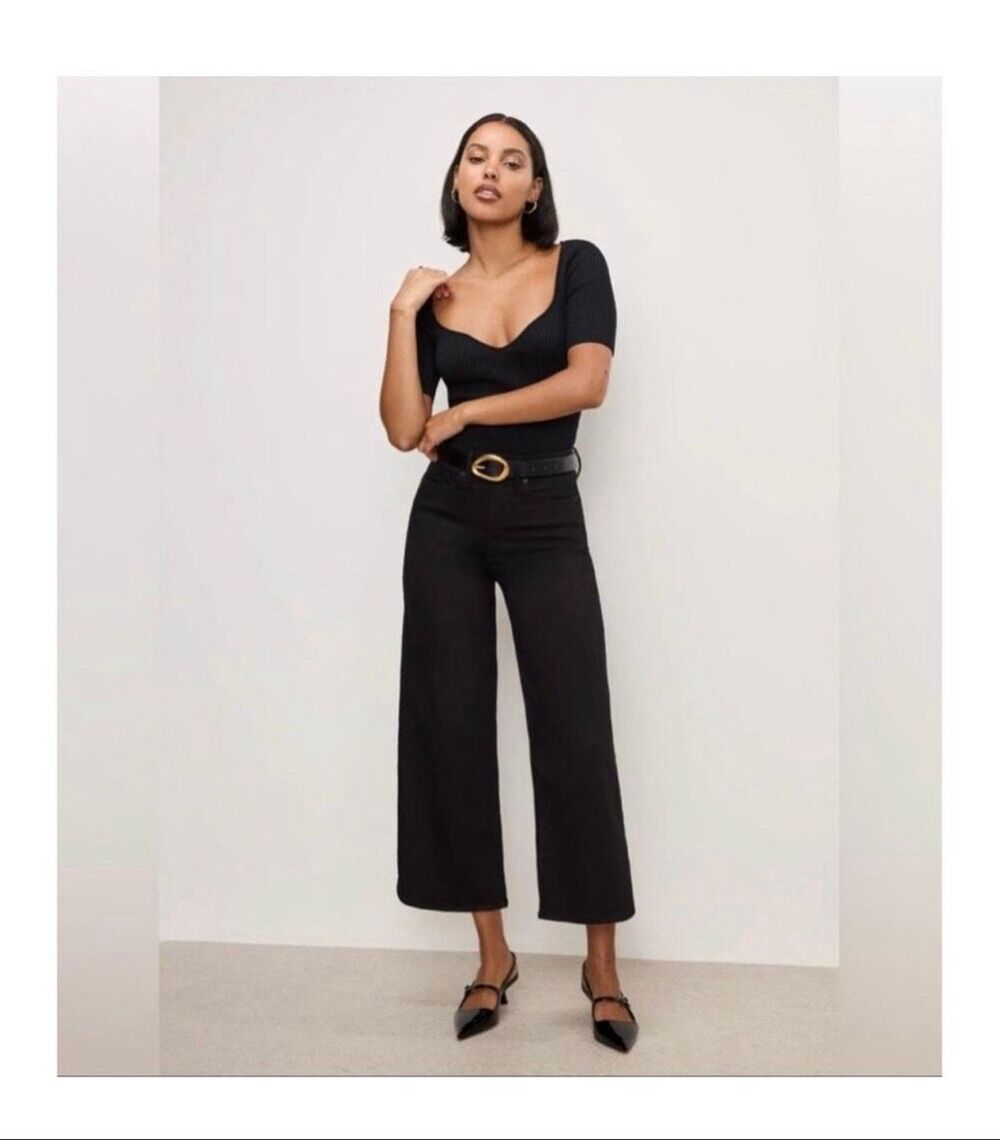 Good American Good Waist Palazzo Cropped Black Stretch Jeans Size 2 or 26 New